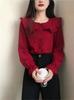 Women's Wine Red Korean-Style Doll Collar Long Sleeve Shirt - Fairy-Inspired and Stylish Spring Top 2024.