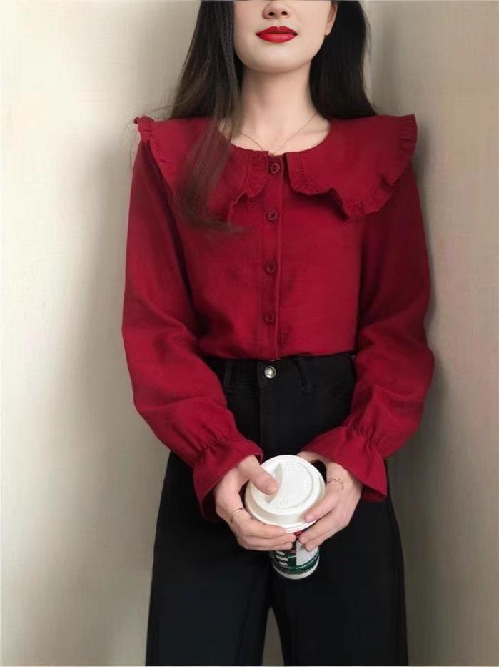 Women's Wine Red Korean-Style Doll Collar Long Sleeve Shirt - Fairy-Inspired and Stylish Spring Top 2024.