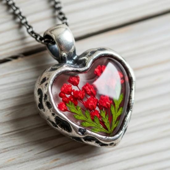 Everlasting Flower Heart Necklace Vintage Floral Jewelry Flowers in Heart Charm Handmade Necklace for Women Anniversary Valentine's Day Gift