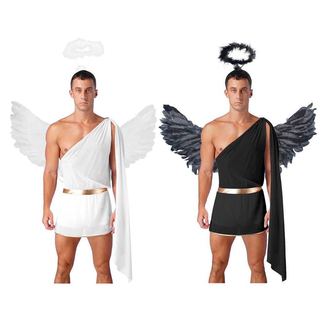 Pánský overal s jedním ramenem Anděl s péřovými křídly a pokrývkou hlavy Vestavěné šortky Cosplay kostým pro Halloween Rave Párty