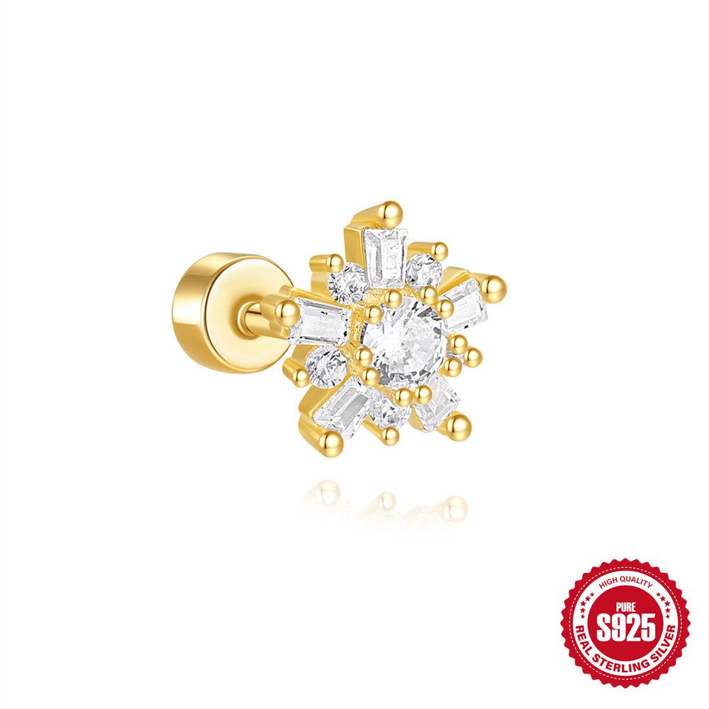 S925 Sterling Silver Daily Versatile Geometric Diamond-Set Cartilage Spiral Thick Bottom Flat Head Piercing Earrings Earrings Women