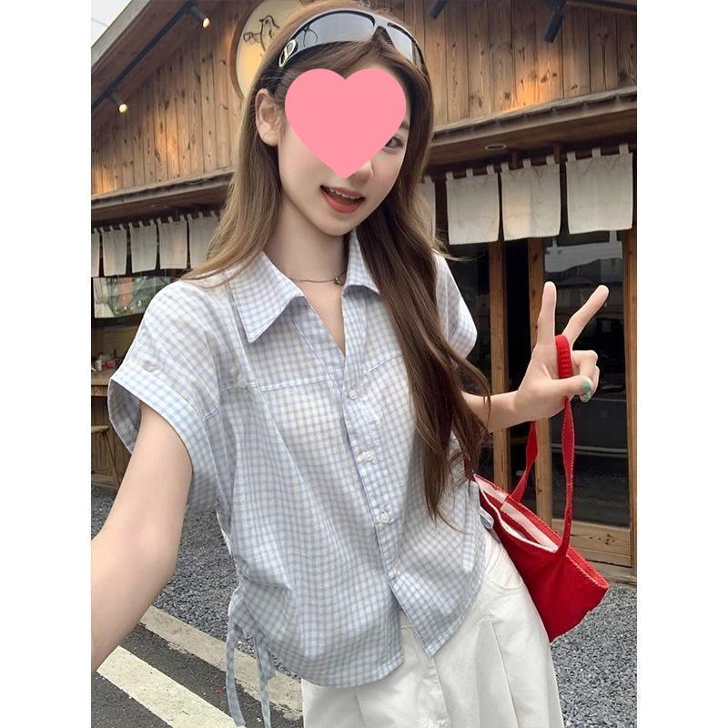 Kleine Damen Sommer Karo Kurzarm Locker Cropped Top - Stilvoll, Vielseitig, Altersmilderndes Design