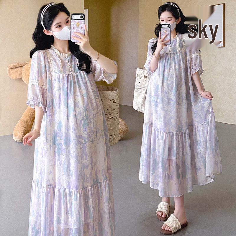2026 Summer Chiffon Printed Maternity A-line Dress: Mid-length, Loose-Fit Holiday Skirt XL