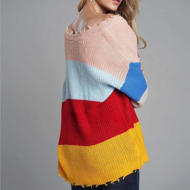 IHUASU Autumn and Winter Women's Knitwear V-neck Pullover Loose Rainbow Jumper