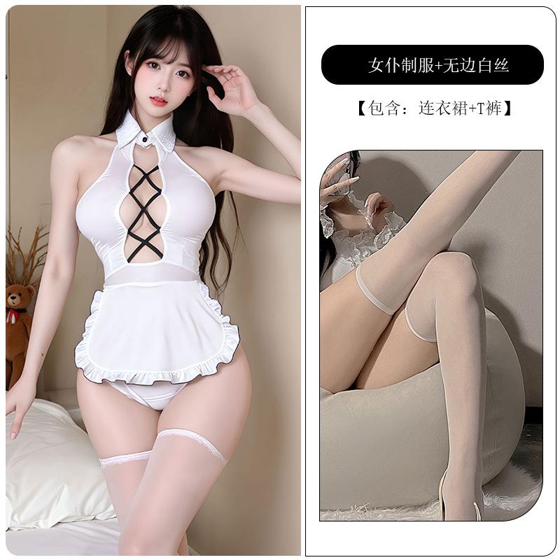 Sexy lingerie sexy sweet beautiful woman servant temptation bare chest buttocks pure desire wind bed without uniform