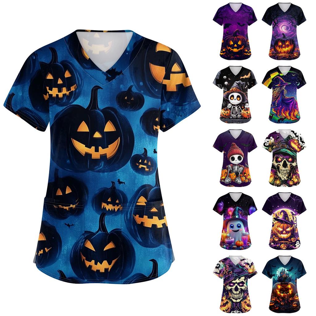 Women's V-neck Halloween Printed Short-sleeved Pocket Side-slit Protective Suit Top