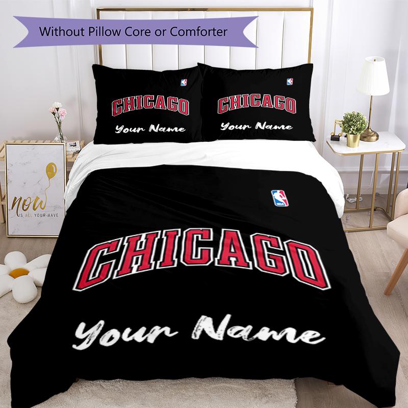 3pcs Custom Name Chicago Bulls Bedding Set Duvet Cover Closure Includes 1 Duvet Cover & 2 Pillowcases, Soft and Comfortable for All Seasons.