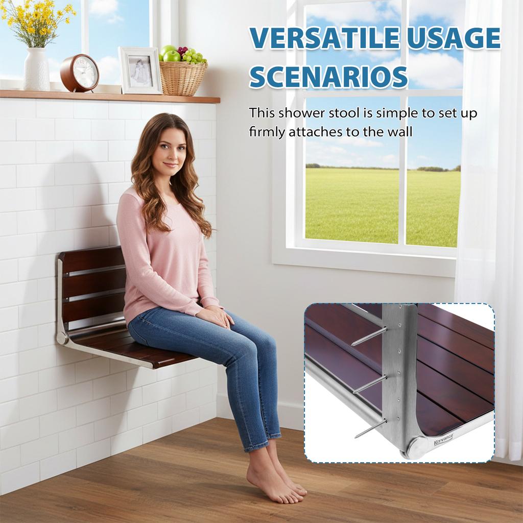 18 Inch Wood Shower Bench Wall Mounted Fold Down Shower Seat Shower Stool for Elderly and Disabled
