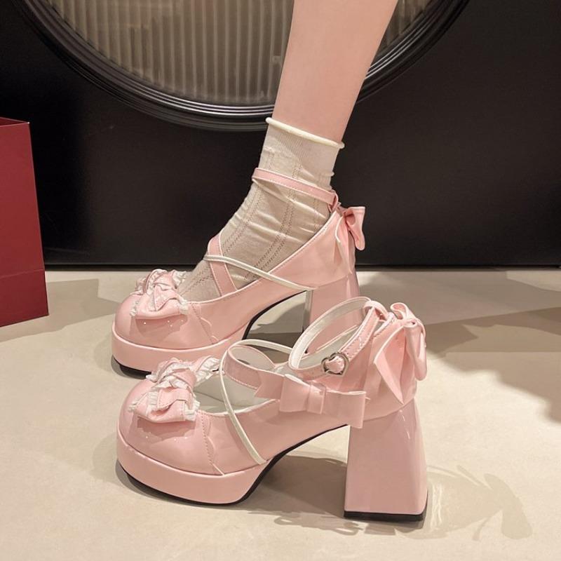 2026 Women High Heels Shoes Woman Chunky Sandals Summer PU Leather Shoes Retro Bow Party Platform Pumps