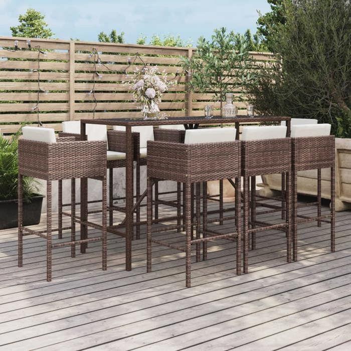 VidaXL Ensemble de bar de jardin 9 pcs avec coussins marron poly rotin, ensemble de table de bar, table et chaise de bar, 3200650