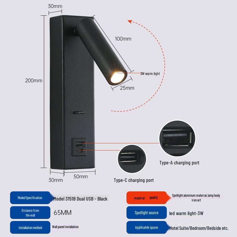 Rotatable Type-C USB Wall Lamp with Switch for Bedroom, Study, or Hotel