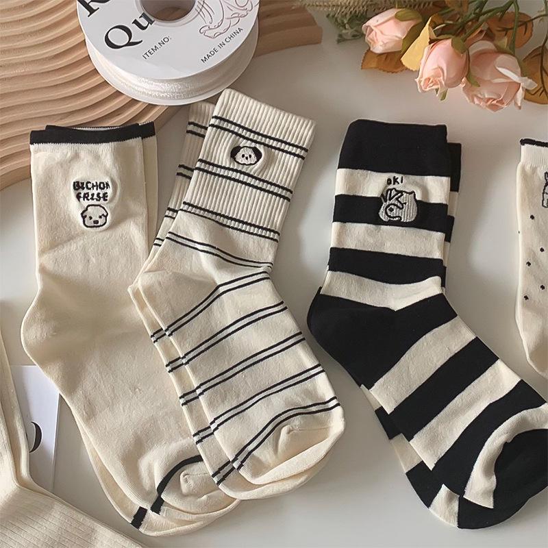 Women's Japanese Style Striped Cartoon Puppy Mid-Calf Cotton Socks - Cute, Breathable, and Versatile Embroidery Design.