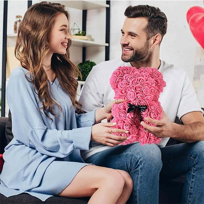 Orso di Fiori di Rosa Teddy Artificiale da 25 cm con Scatola Regalo Romantico di San Valentino Fidanzata Donne Anniversario Forniture per Feste di Matrimonio