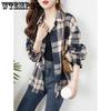 Autumn Hong Kong Style Retro Plaid Shirt for Women Loose Medium To Long Korean Style Plaid Coat