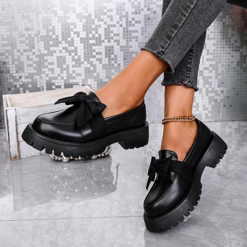 Autumn New Thick Heel Single Shoes Women's Round Head Deep Mouth Butterfly Knot Thick Sole Non-slip Loafers