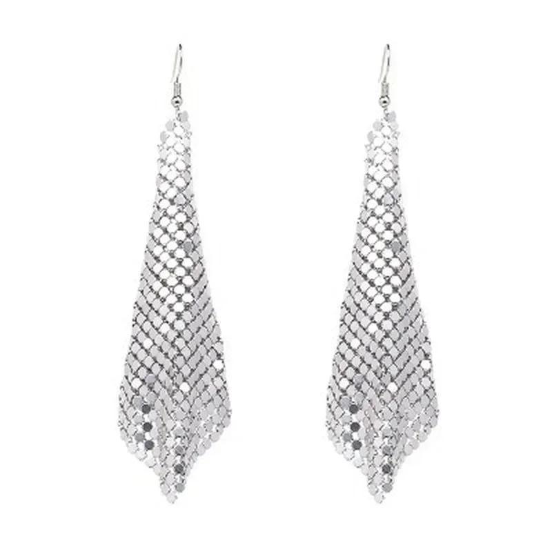 Women Fashion Korean Version of Fashionable Versatile Glitter Earrings Square Variable Sequins Long Tassel Exaggerated Earrings