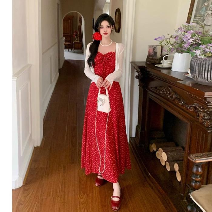 

[Shoulder strap adjustable + rear pick-up] floral dress dress women s clothing summer Spice Girl a-word skirt suspender skirt seaside length XL червоний
