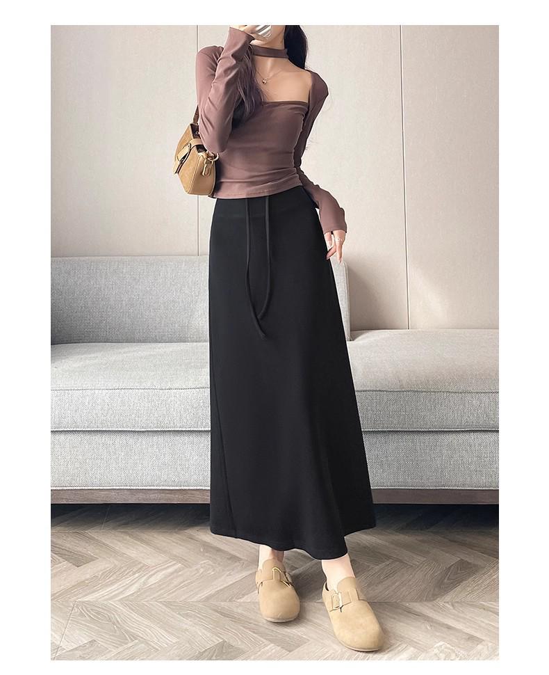 New 2025 Slimming Black High-Waisted A-Line Midi Skirt for Women - Early Autumn Versatile, Lazy Style