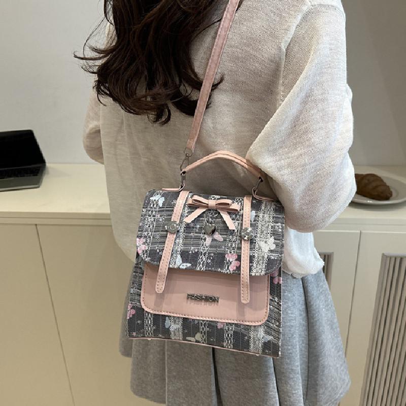 Sweet Splicing Print Design Bow And Lace Decoration Women Casual Shoulder Bags