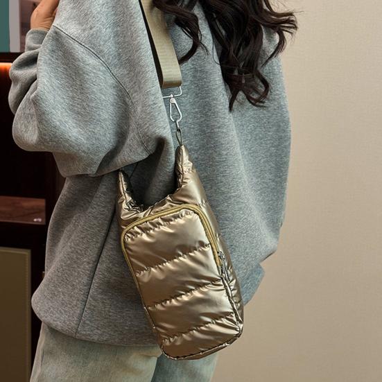 Water Cup Bag with Wide Shoulder Strap Double Zippered Pockets Waterproof Fabric Adjustable Strap Quilted Fabric Phone Bag