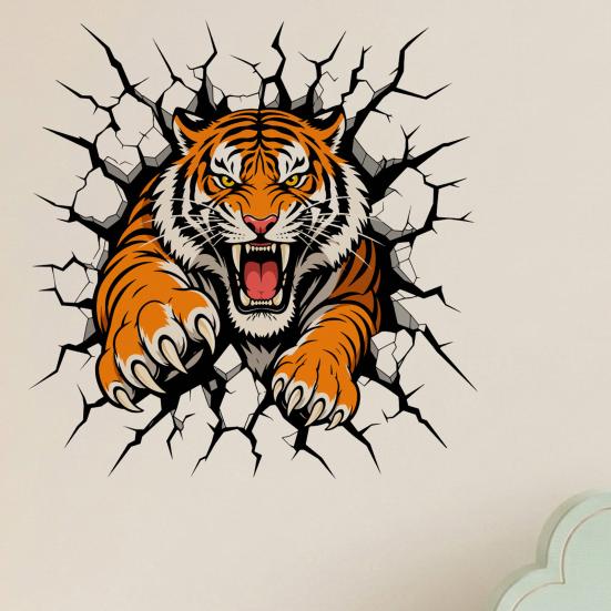 Removable Vinyl Wall Stickers 3D Tiger Stickers, Peel And Stick Roaring Decals, PVC Modern Decoration Ideas Art Mural Decor, Realistic Cracked Sticker