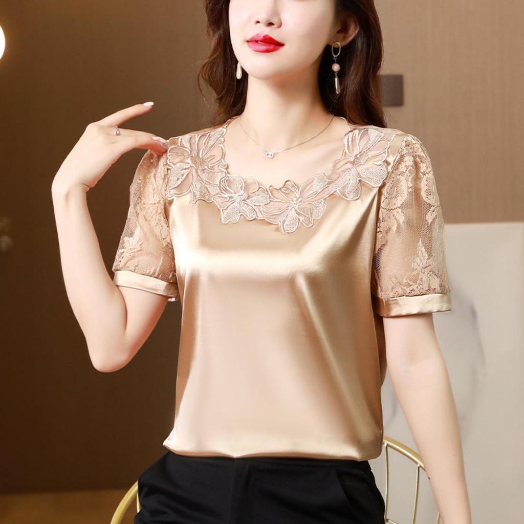 Tricou de vară cu mânecă scurtă din dantelă patchwork pentru femei, cămașă de bază versatilă supradimensionată din satin, top cu design de nișă