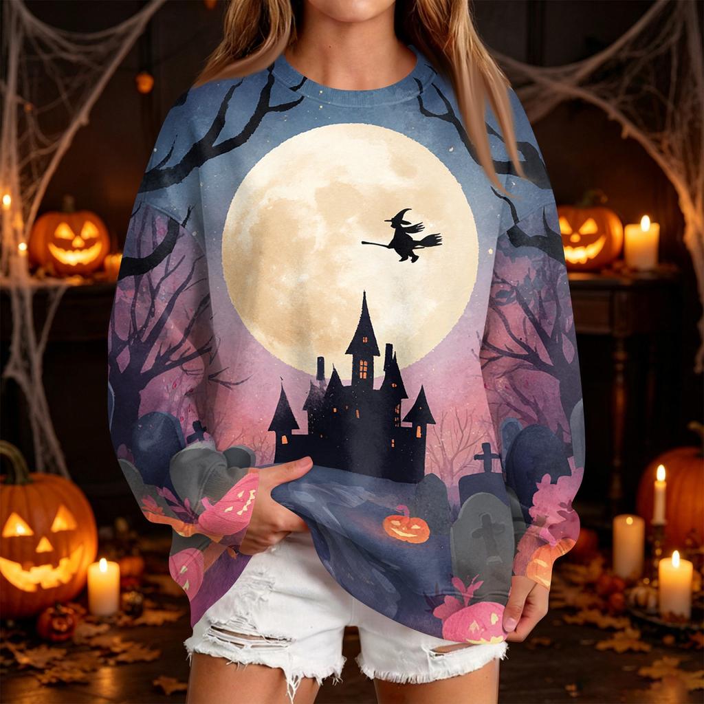 Women's Casual Round Neck Sweatshirt with Halloween Print, Long Sleeve Pullover for Festivals