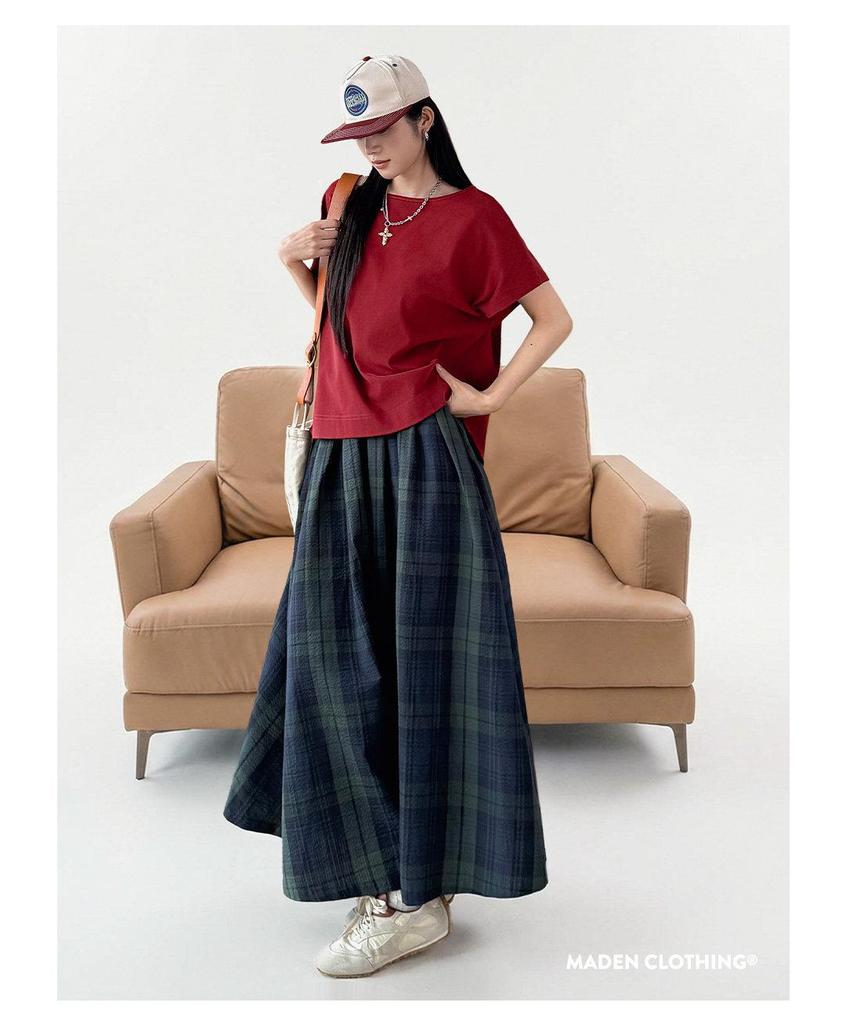 Maden Retro Cotton Gauze Plaid Maxi Skirt: Elastic Waist, Textured A-line Umbrella Design for Women