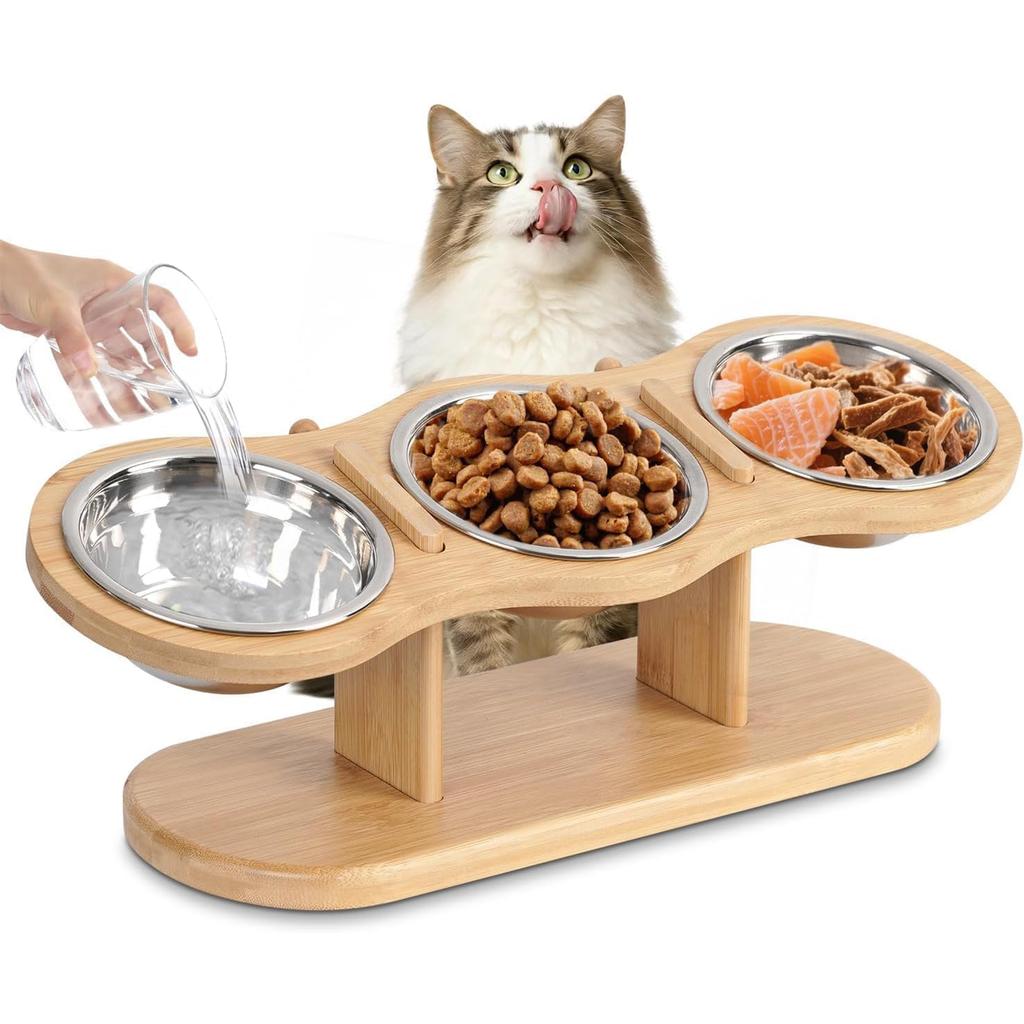 2026 Elevated Cat Bowls Raised Wood Stand Feeder with 3 Stainless Steel Bowls Feeding & Watering Supplies for Puppy Cats Accessories