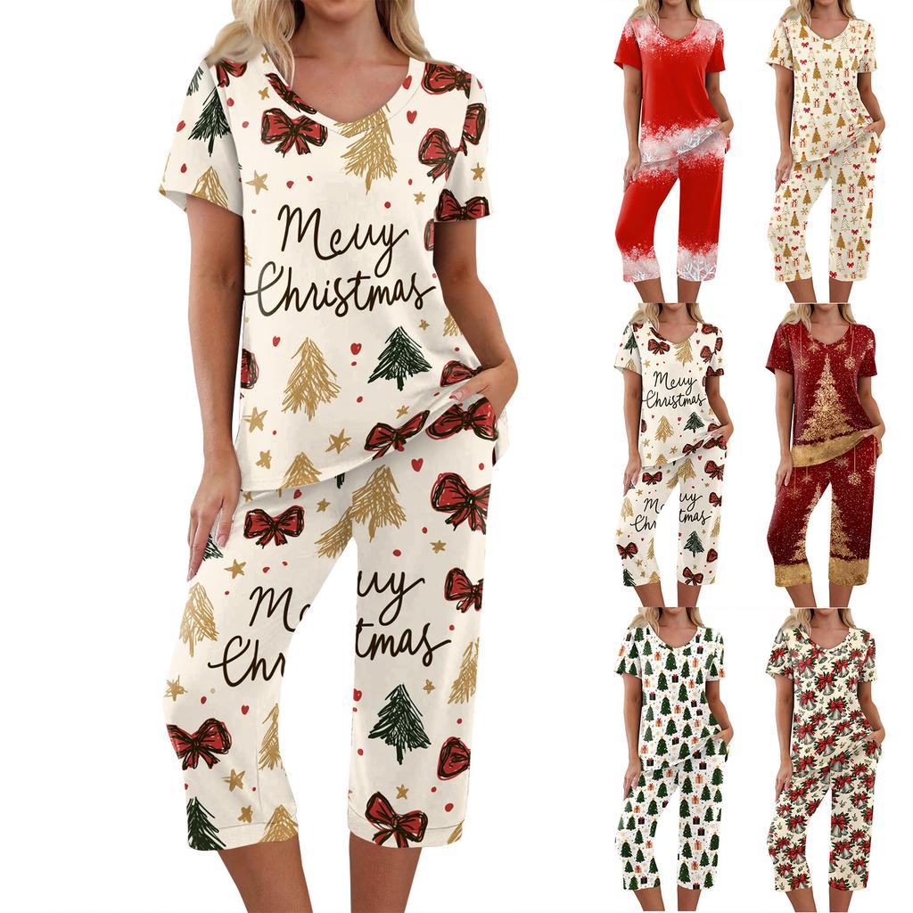 Women's Casual Two Piece Outfit Set Christmas Print Short Sleeve Pants