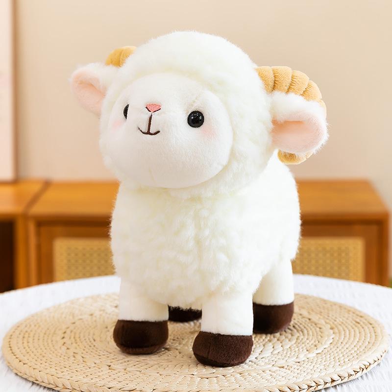 New Year Goat Wool Plush Toy - Cute Big-Horn Sheep Doll for Kids' Birthdays