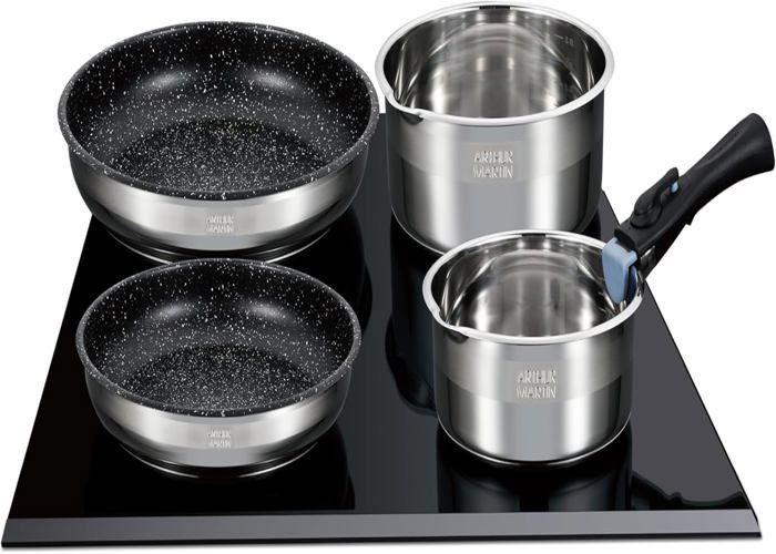 Batterie de cuisine - Arthur Martin - 15 pièces - Acier inoxydable - Poignée détachable - Anti-adhésif