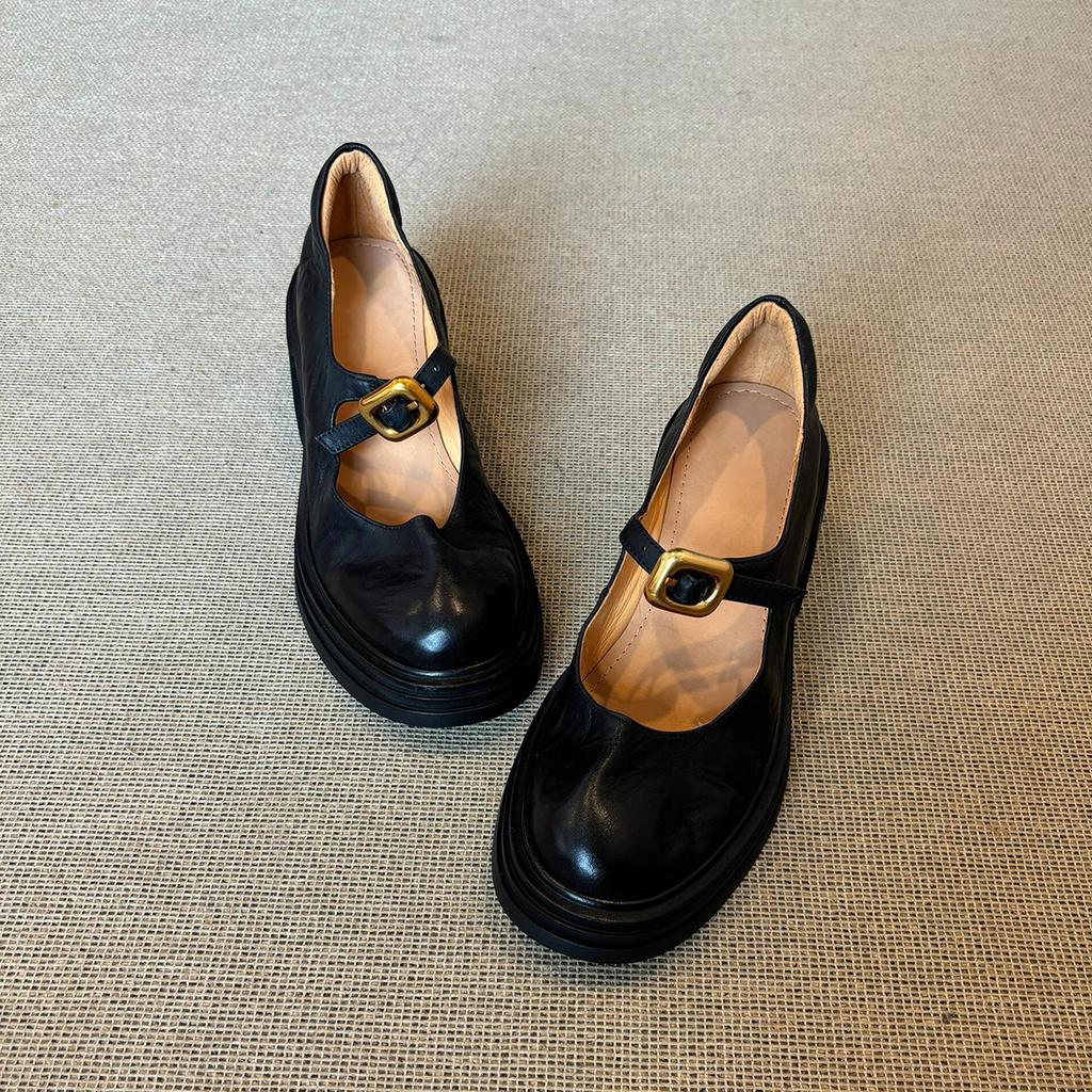 Sheepskin Version~ British Versatile Thick-soled Round-headed Small Leather Shoes for Women's Retro Shallow Mouth One-word Buckle Thick-heeled Mary 