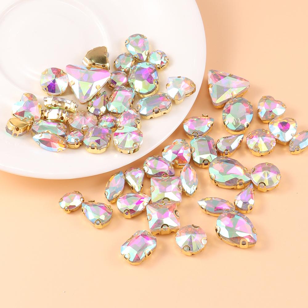 Mixed size glass rhinestone with claw cut diamond on stone bar, K gold base metal crystal, used for embroidery 50 pieces/pack