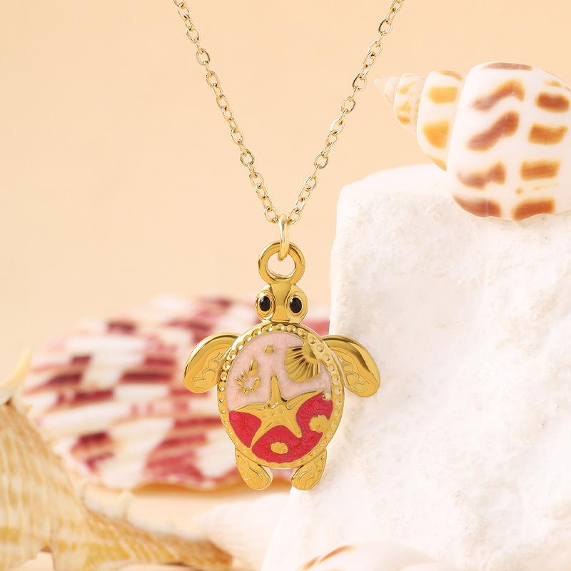 Stainless Steel Bohemian Blue Sea Turtle Oil Drop Pendant Necklace, Hawaiian Marine Life Beach Vacation Clavicle Chain