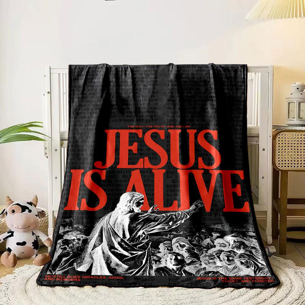 Jesus, Blanket, Religious Jesus Print, Dark Backdrop, Bold Lettering Printed Blanket for Living Room Bed Couch Lunch Break Blanket for Festival Gift