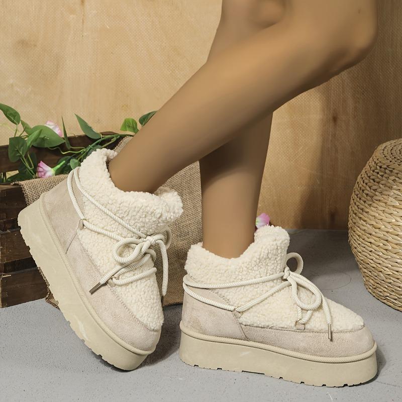 Women's Winter Plush Furry Collar & Cuff Short Boots - Beige Round-Toe Lace-Up Snow Boots with TPR Sole, Warm Cozy Traction Tires for Ice & Snow