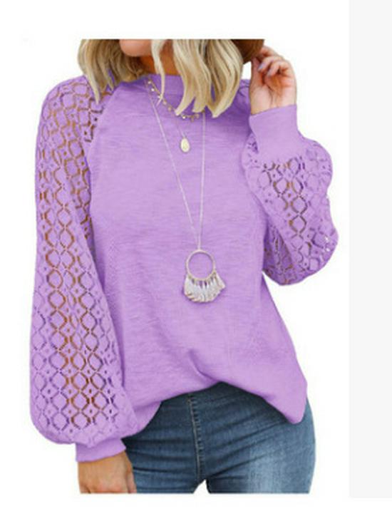 

2025 Женский свободный топ с круглым вырезом и длинными рукавами, отделанный кружевом XXL