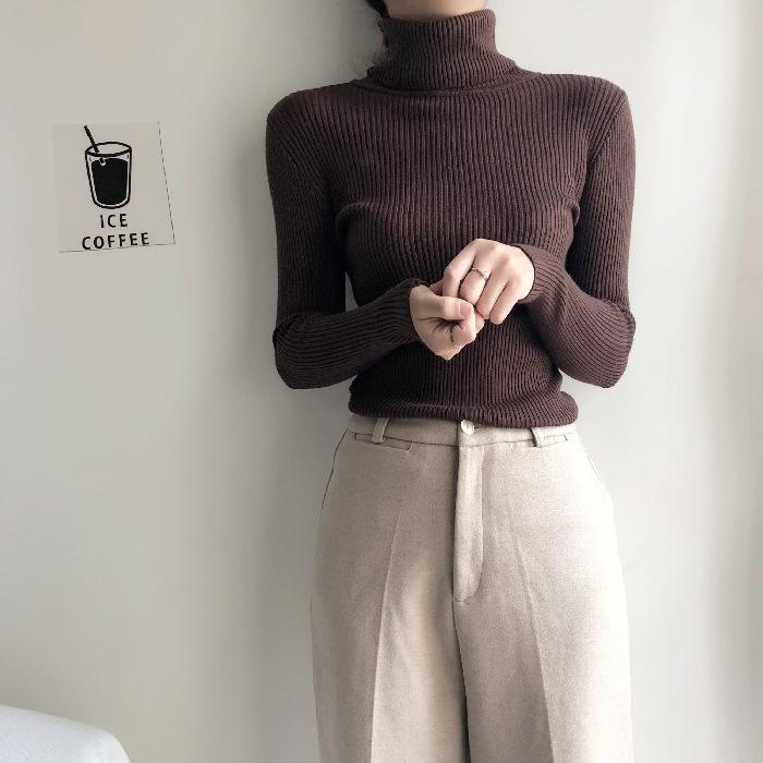 2024 Damenmode Slim Fit Einfarbig Rollkragen Strickpullover