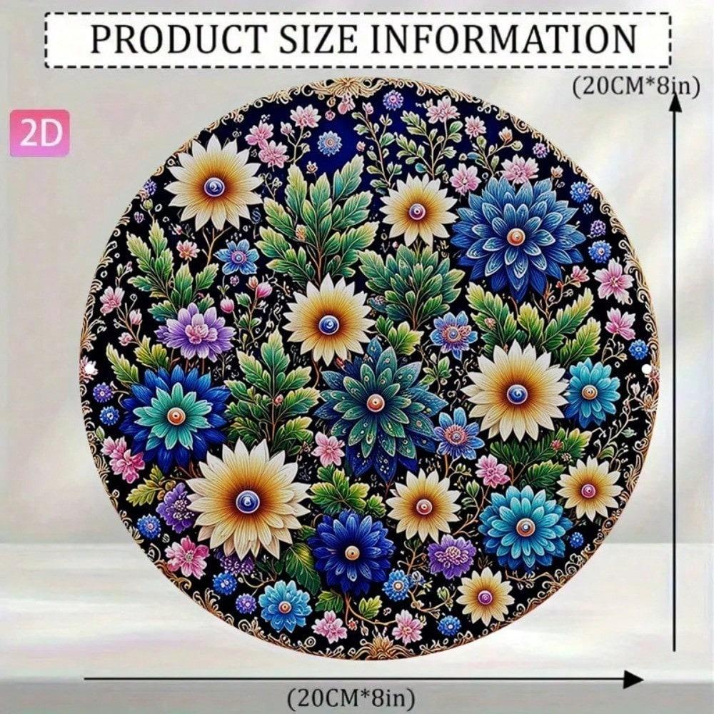 Vintage Round Mandala Metal Wall Art 8 Inch Turquoise Blue Golden Boho Decor Aluminum Sign Home Bar