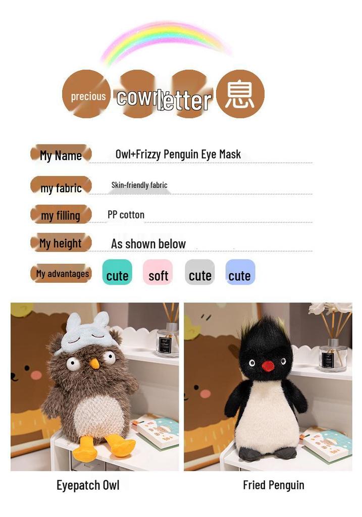 Frizzy Penguin Plush: Ugly-Cute Owl Eye Mask and Exploding Head Ronnie Calming Doll for Sweet Sleep Prank