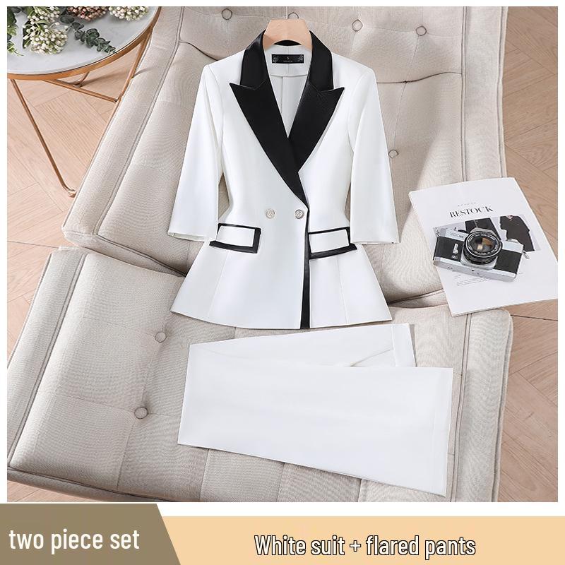 Women's Elegant White Suit Set: Color Block Jacket & Flare Pants