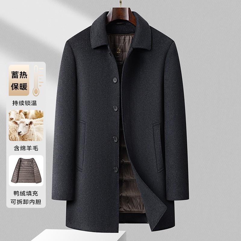 Mens Reversible Wool-Blend Coat With Removable 90% White Duck Down Liner Mid-Length Warm Winter Outerwear