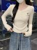 Korean Style Buttoned Round Neck Long Sleeve Slim Fit Apricot T-shirt for Women - Autumn 2025
