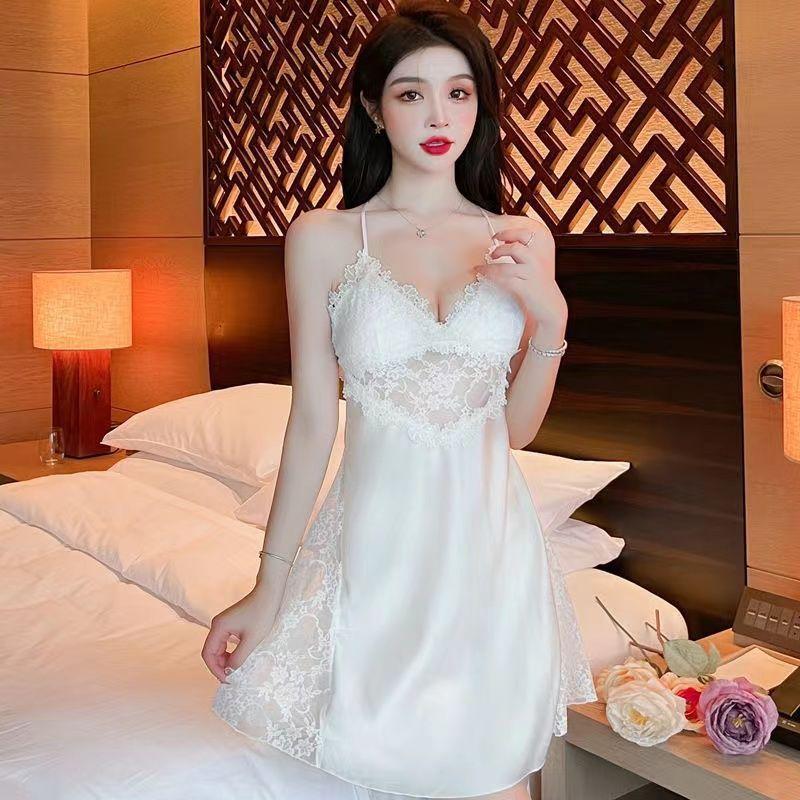 Sexy Suspender Nightgown New Female Xia Chunyi Wind Ice Silk Backless Hollowed-out Erotic Underwear Pajamas Two-piece Set