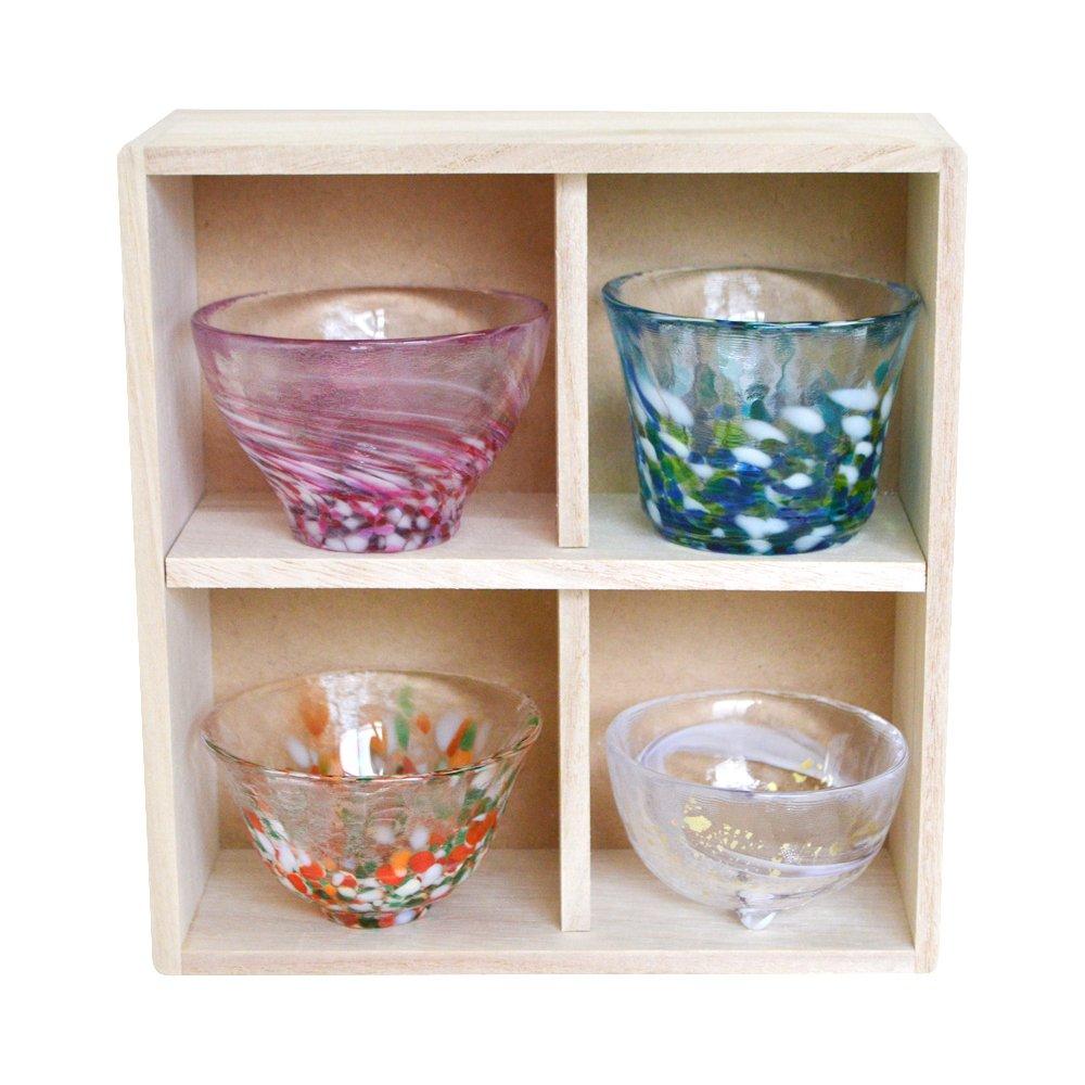ADERIA Tsugaru Vidro Four Seasons Sake Cup Gift Set in a Dedicated Wooden Box, Made in Japan FS71545 (Sake cup, sake glass, glass, cold sake, sake cup