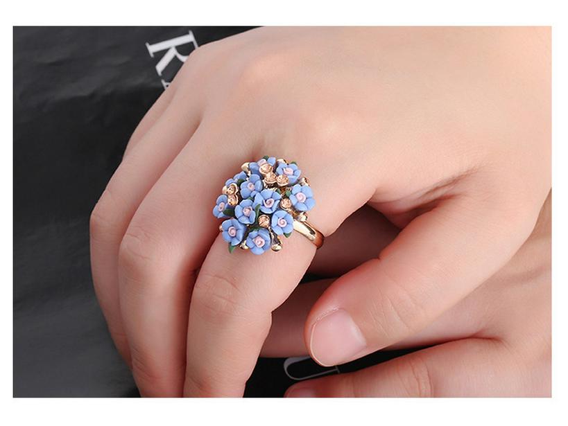 

Женский комплект колец с бриллиантами и керамическим цветком — простой, модный и уникальный Ring синий