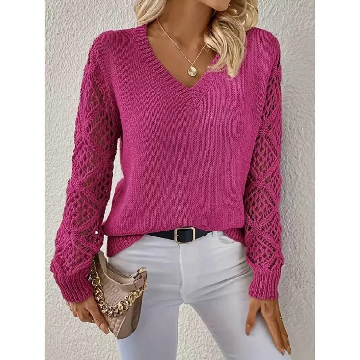 2026 Spring and Autumn New Hollow Knit Sweater for Women, V-neck Pullover, Long Sleeve