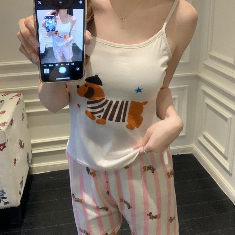 Women's Cartoon Camisole Tank Top Pajamas Set with Chest Pads - Summer Home Wear for Girls with Shorts