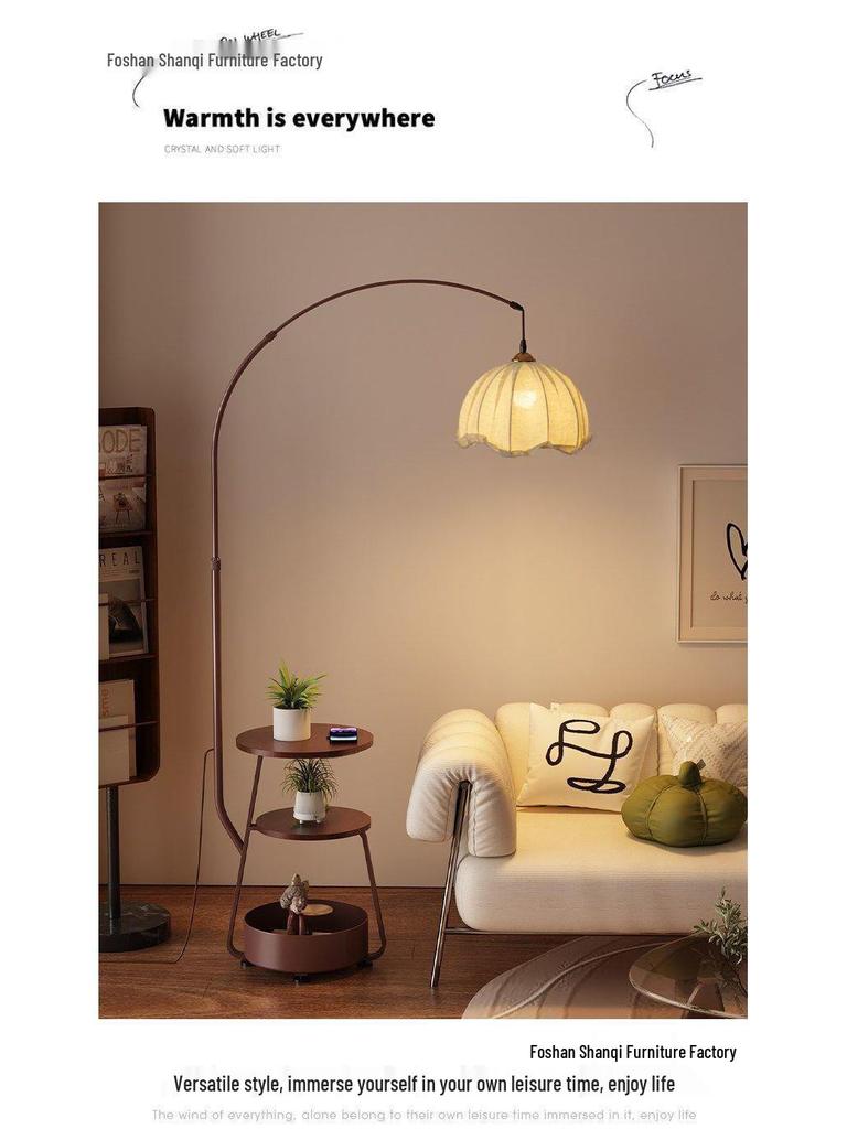 Antique-Style Floor Lamp with Integrated Coffee Table and Storage Rack